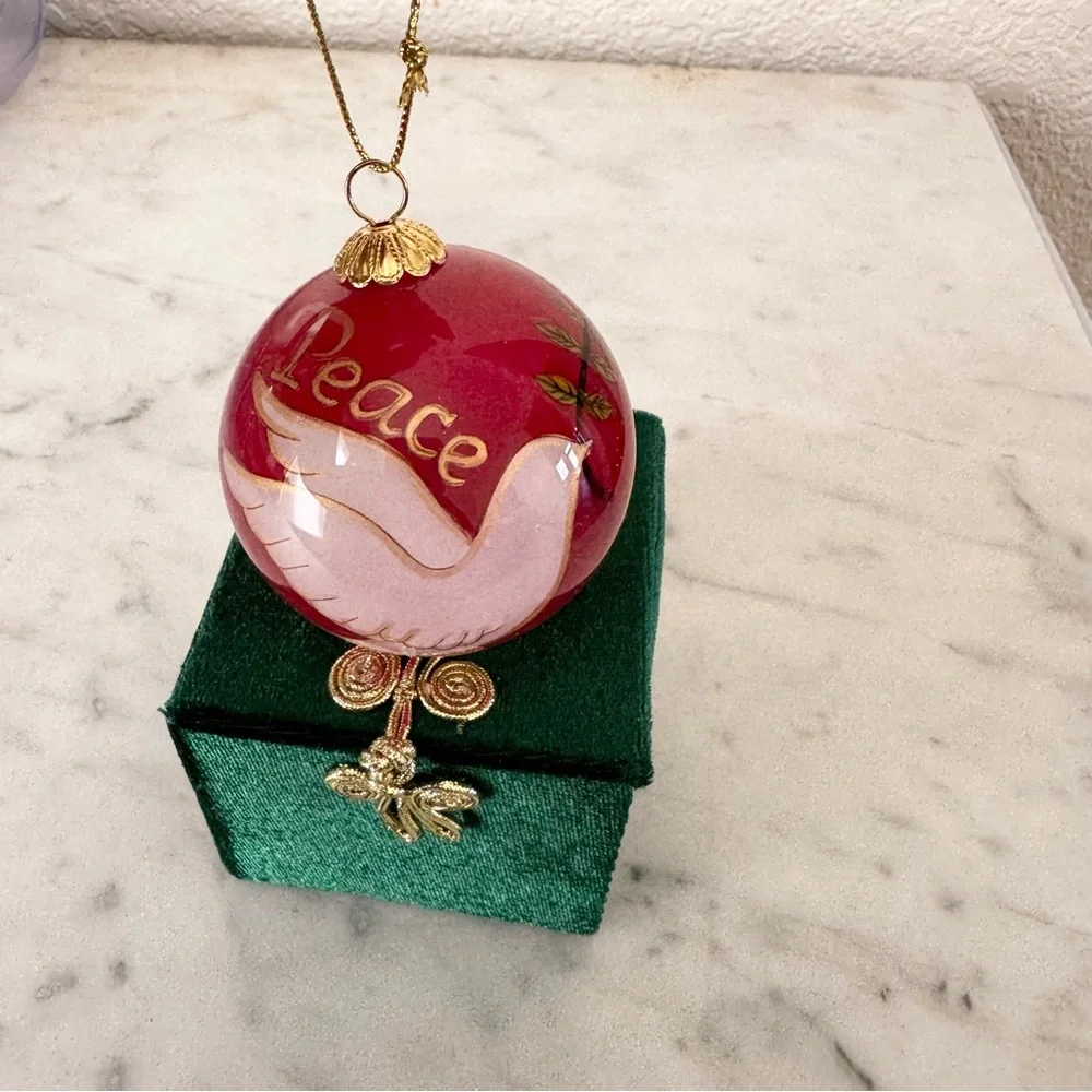 Pier 1 Li Bien Christmas Ornament PEACE Red Ball White Dove 2012 with Box 2 3/4”